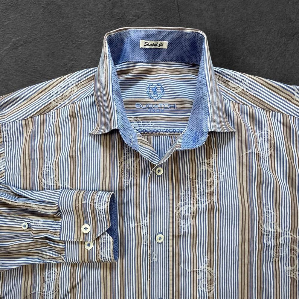 Bugatchi Size Large Light Blue Shaped Fit Dress Shirt Embroidered
